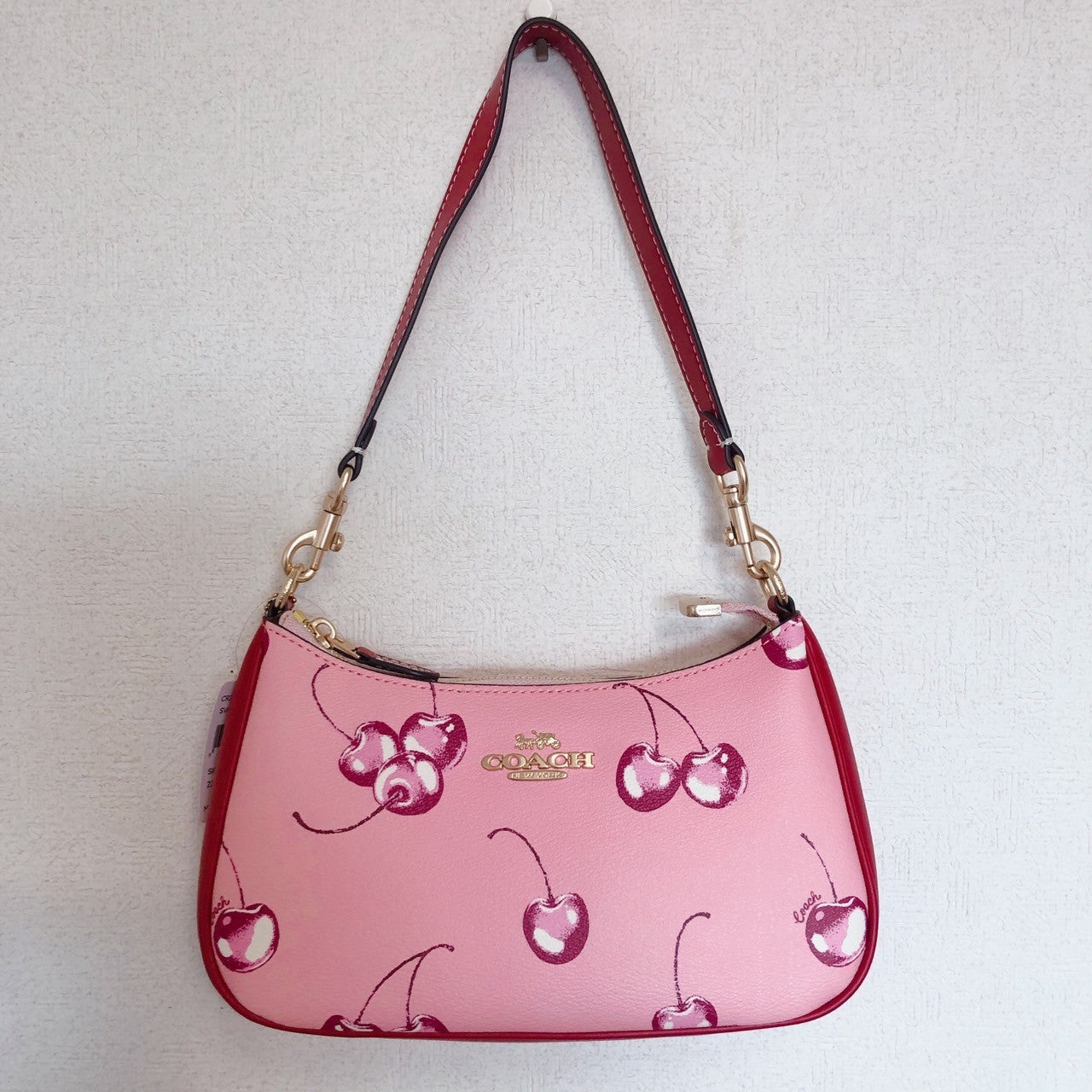 COACH Teri 2way Shoulder Bag Pink Canvas Leather Cherry Print CR290 Outlet New