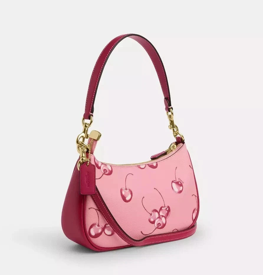 COACH Teri 2way Shoulder Bag Pink Canvas Leather Cherry Print CR290 Outlet New