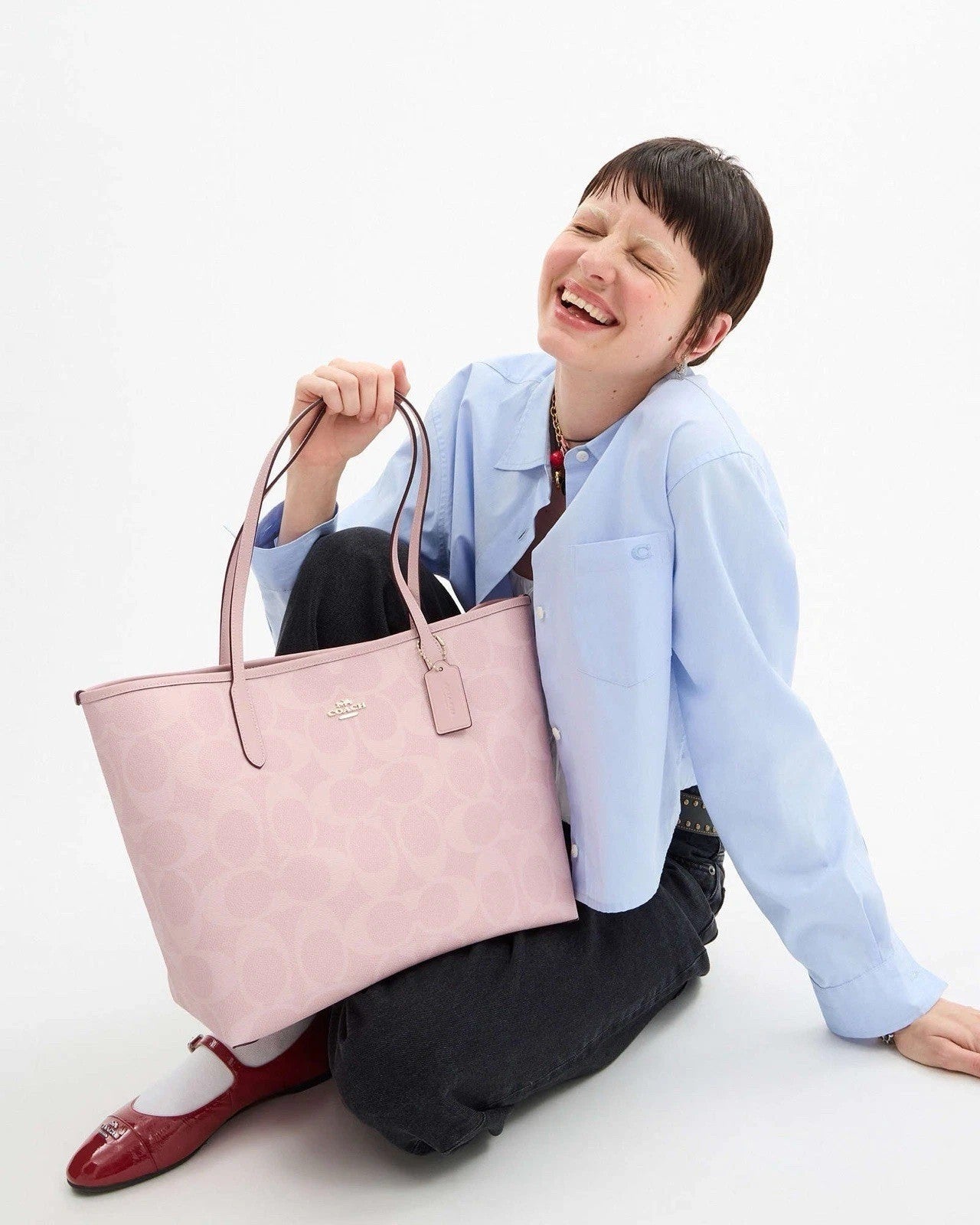 City Tote Bag Signature Canvas Powder Pink CAL49 Outlet NEW