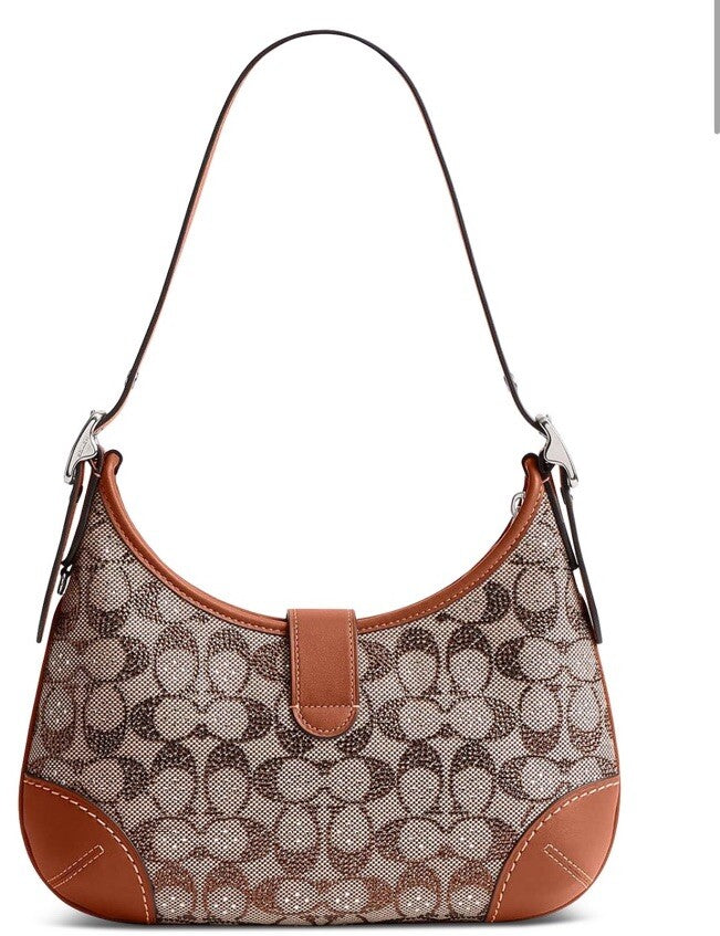 ❤️ Coach Hamptons Hobo Silver/Burnished Amber Bag In Crystal Signature Jacquard