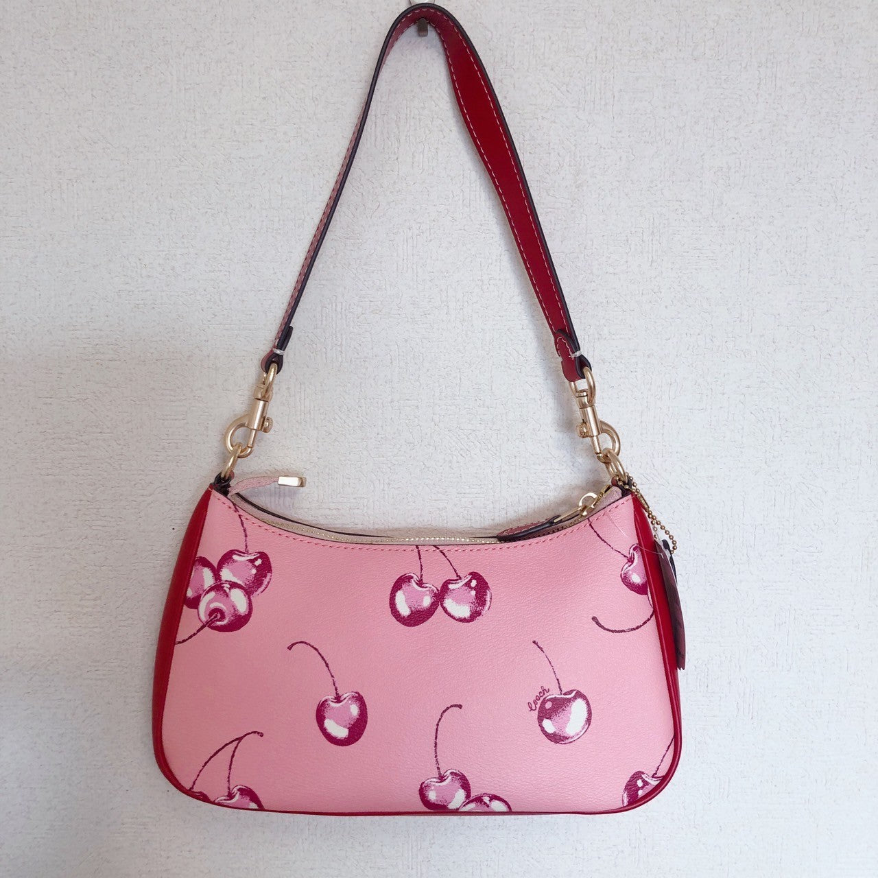 COACH Teri 2way Shoulder Bag Pink Canvas Leather Cherry Print CR290 Outlet New