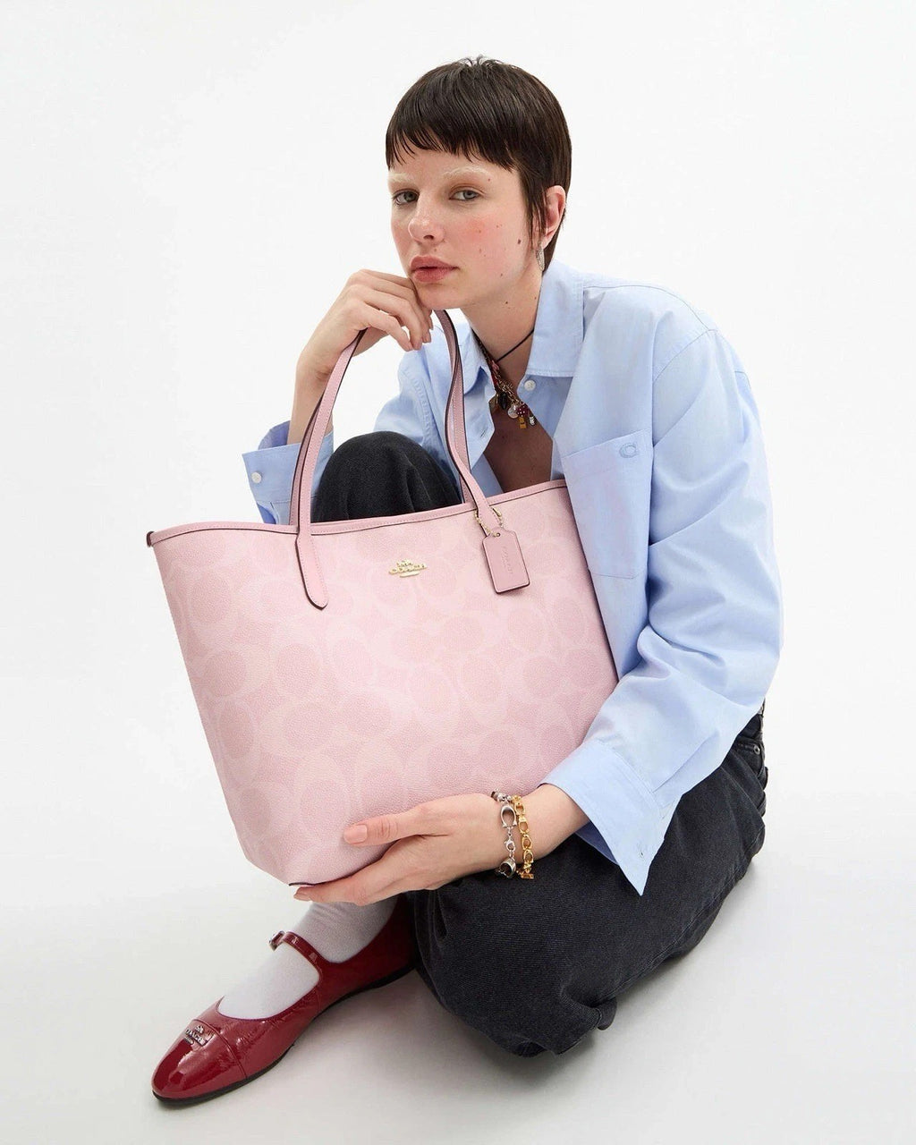 City Tote Bag Signature Canvas Powder Pink CAL49 Outlet NEW