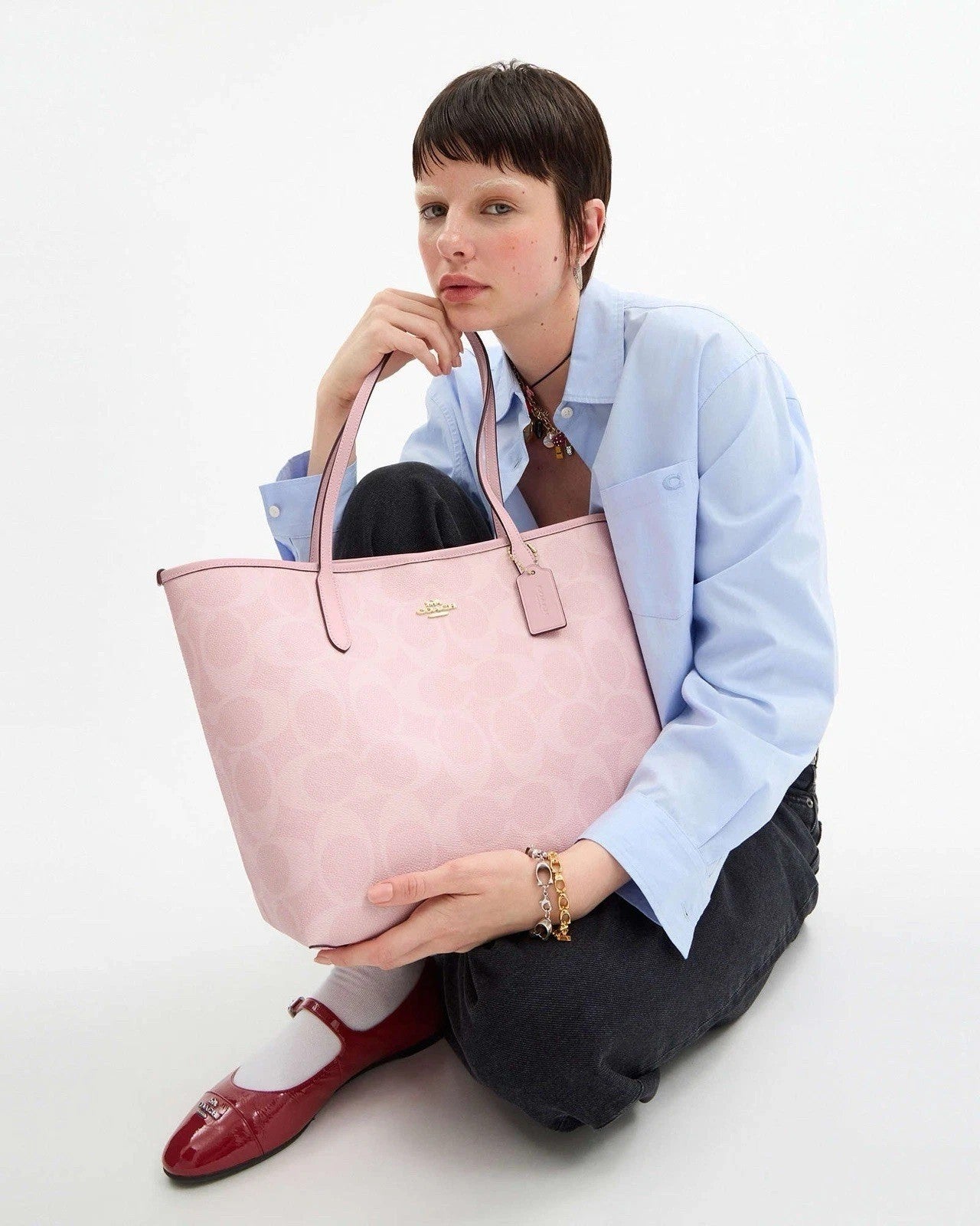 City Tote Bag Signature Canvas Powder Pink CAL49 Outlet NEW