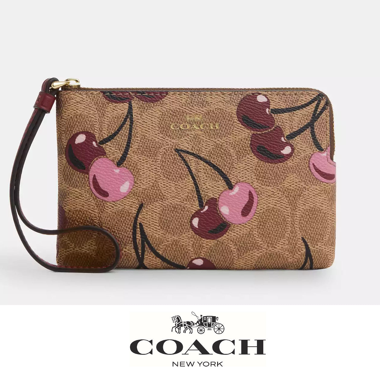 NWT Coach Corner Zip Wristlet In Signature Canvas With Cherry Print 🍒