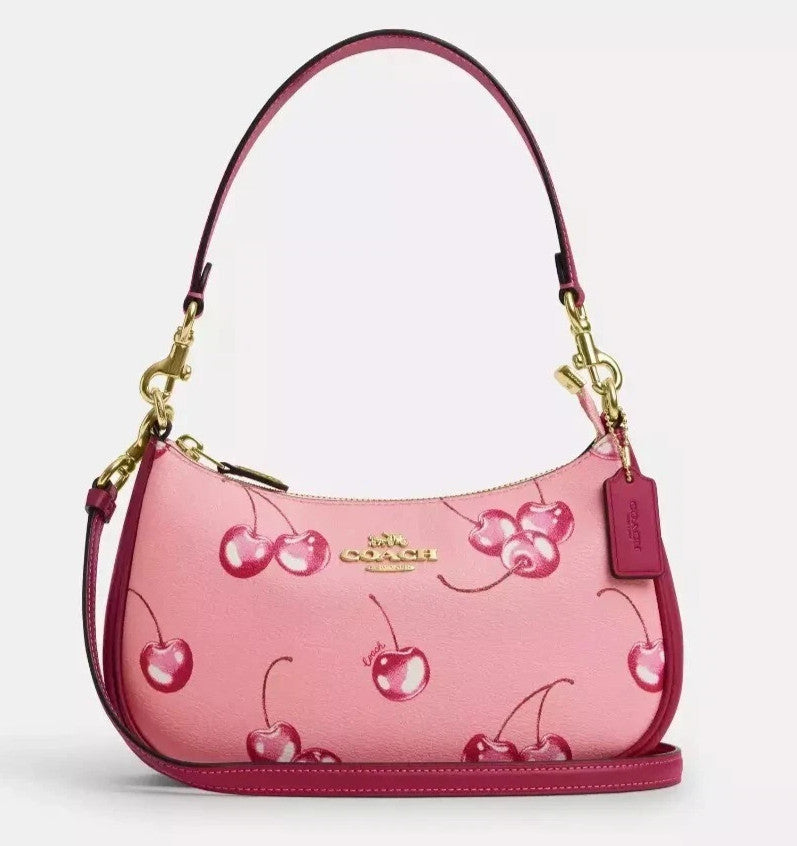 COACH Teri 2way Shoulder Bag Pink Canvas Leather Cherry Print CR290 Outlet New