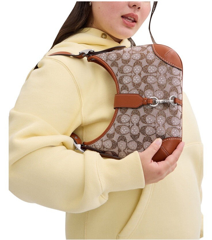 ❤️ Coach Hamptons Hobo Silver/Burnished Amber Bag In Crystal Signature Jacquard