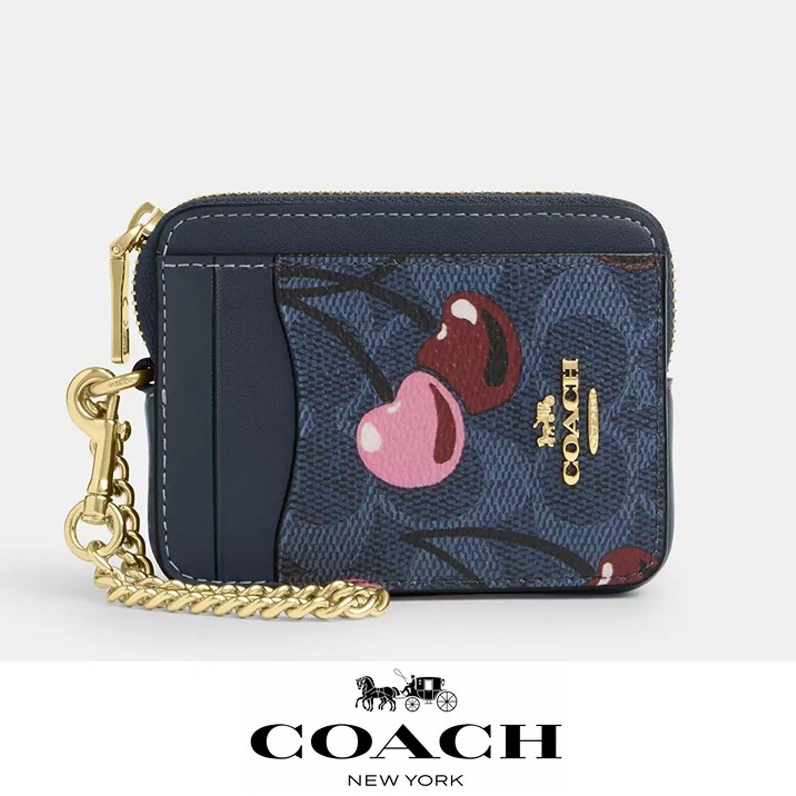 NWT ❤️ Coach Zip Card Case In Signature Canvas With Cherry Print