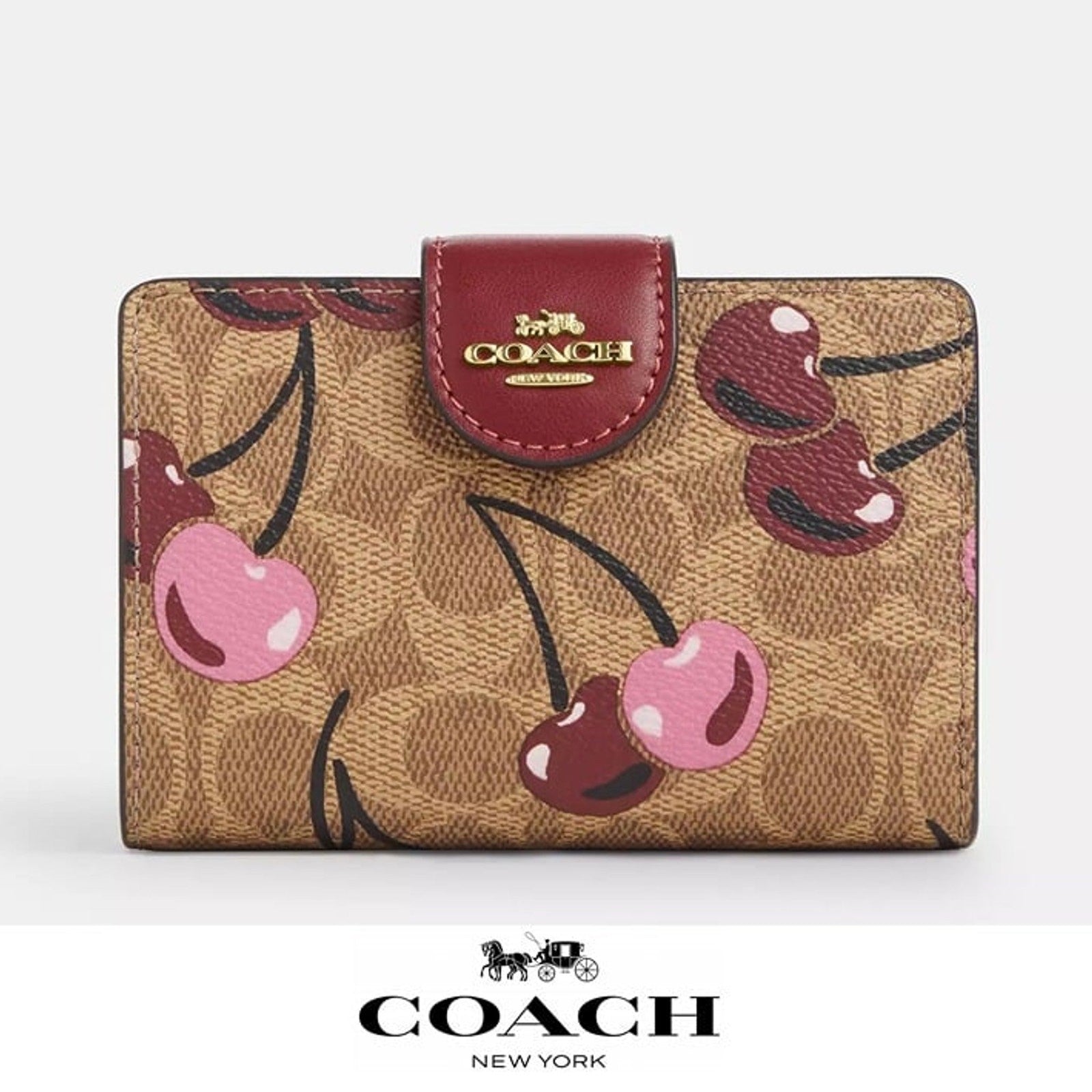 NWT ❤️ Coach Medium Corner Zip Wallet In Signature Canvas With Cherry Print