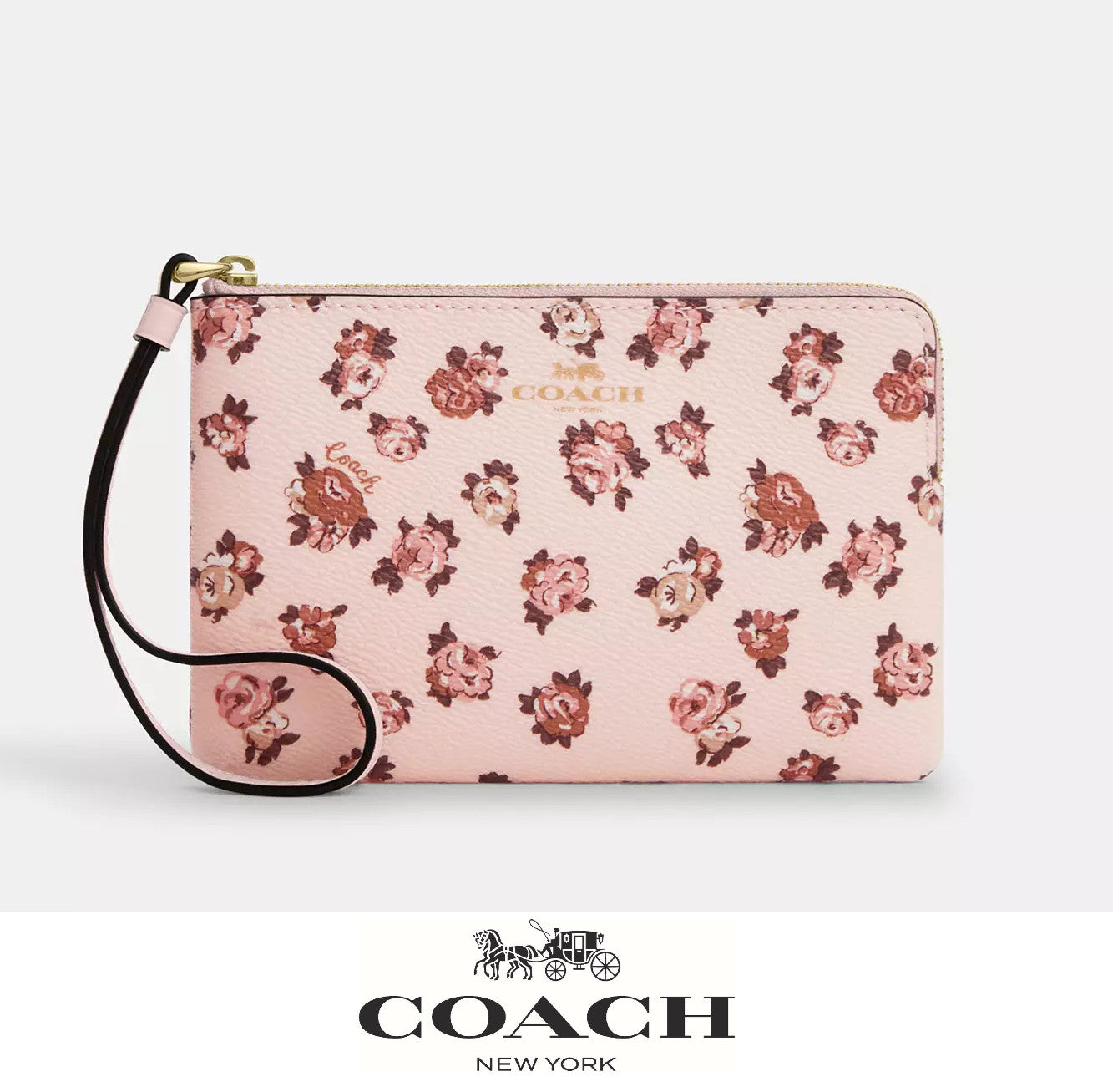 NWT COACH Corner Zip Wristlet Clutch Bag Rosette Print Blush Pink Multi CZ442 🌸